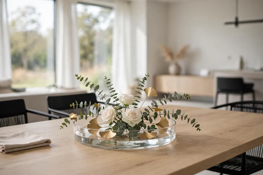 Low clear glass bowl with white roses, eucalyptus, and gold leaves on a modern dining table.