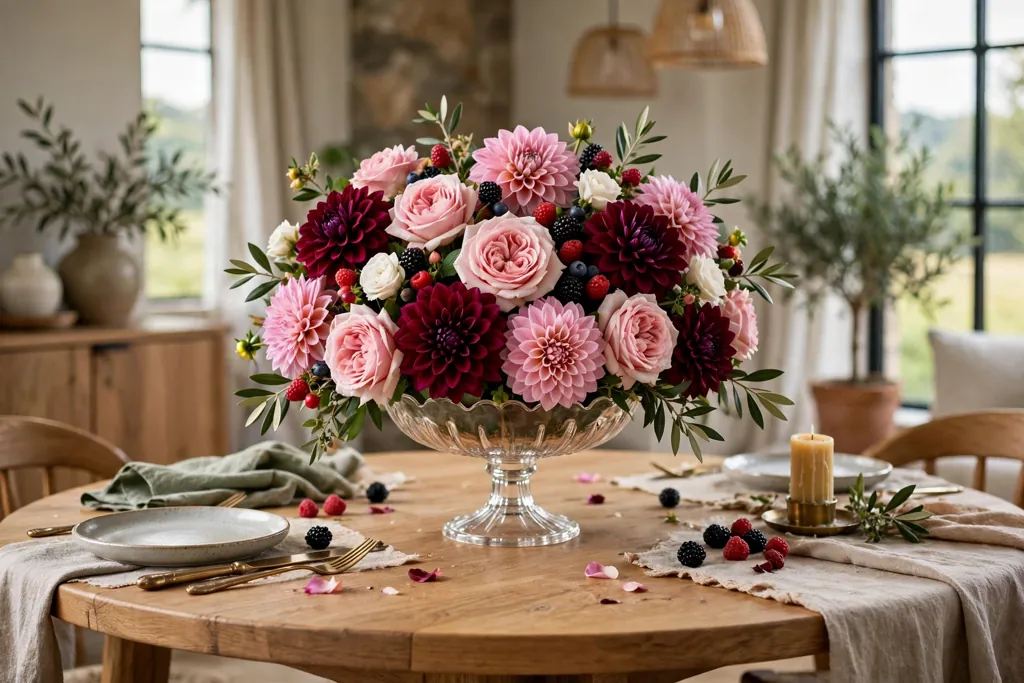 Pedestal compote stand with a rounded arrangement of roses, dahlias, and berries.