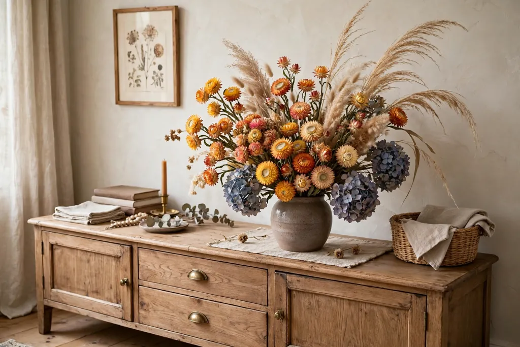 Dried flower arrangement with strawflowers, dried hydrangeas, and tall grasses in a vase.