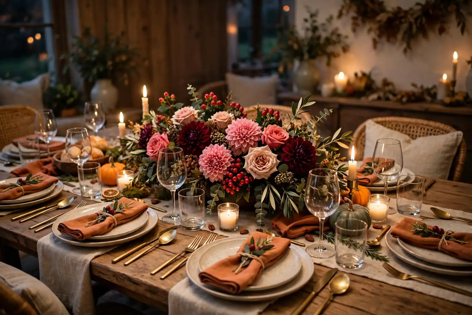 Thanksgiving dining table with a low flower centerpiece of dahlias, roses, and berries beside place settings.