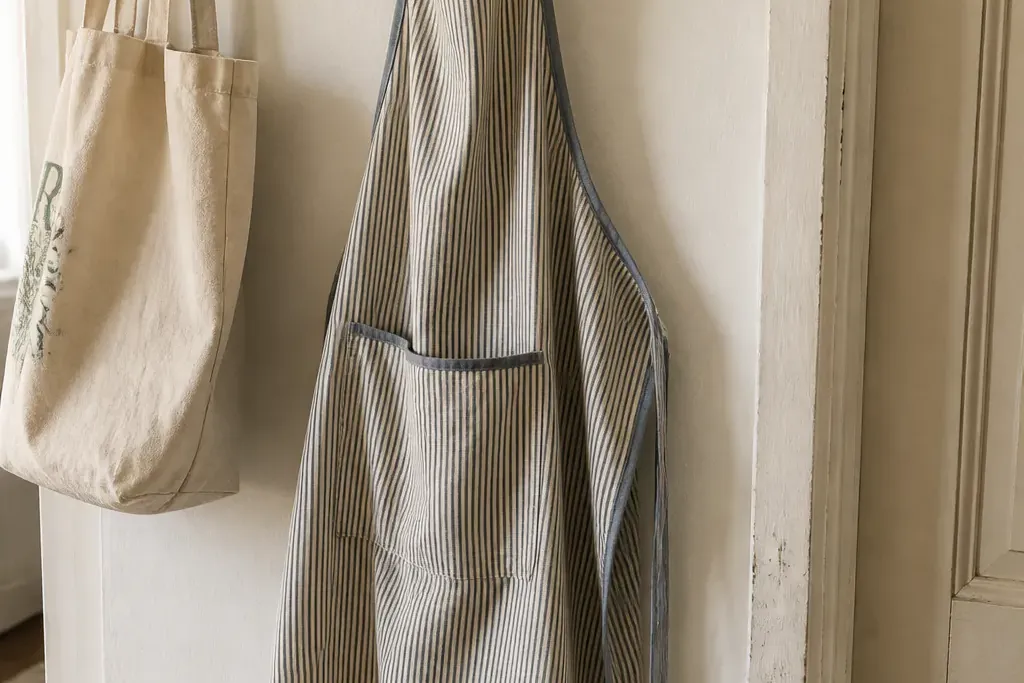 Linen apron and a tote bag hanging on wall hooks beside a door.