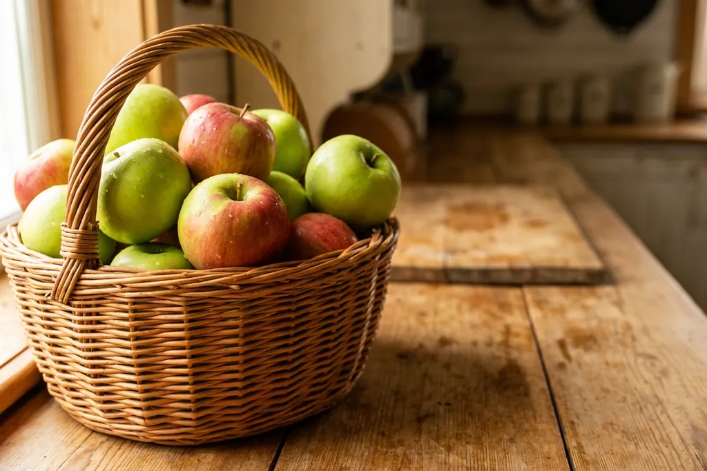 Wicker basket of red and green apples on a wood kitchen counter.