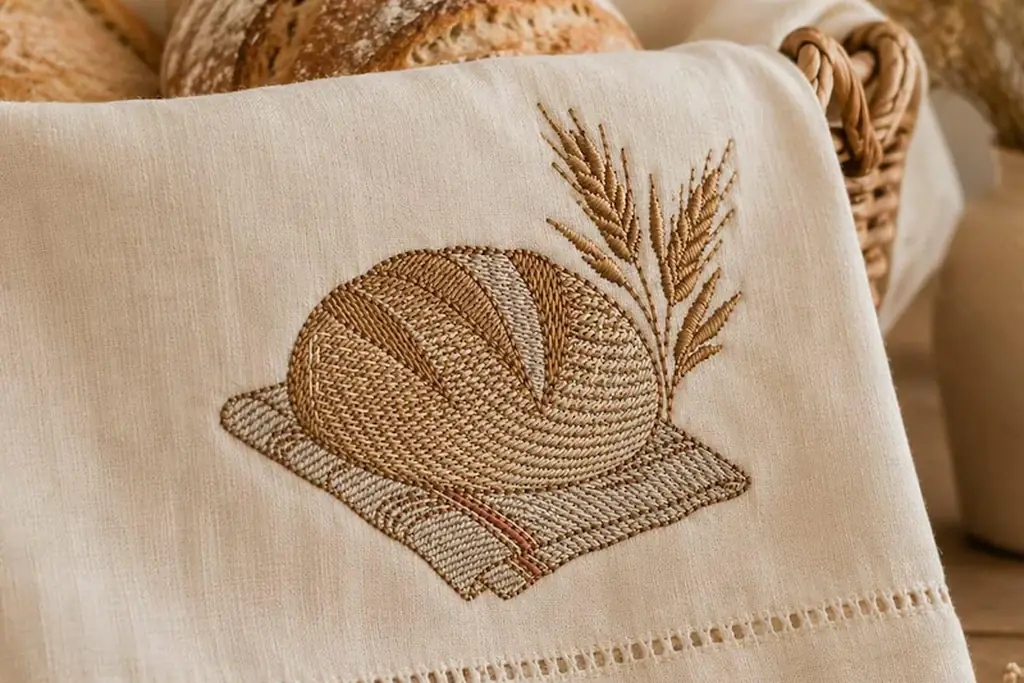 Basket of bread loaves lined with an embroidered linen cloth.