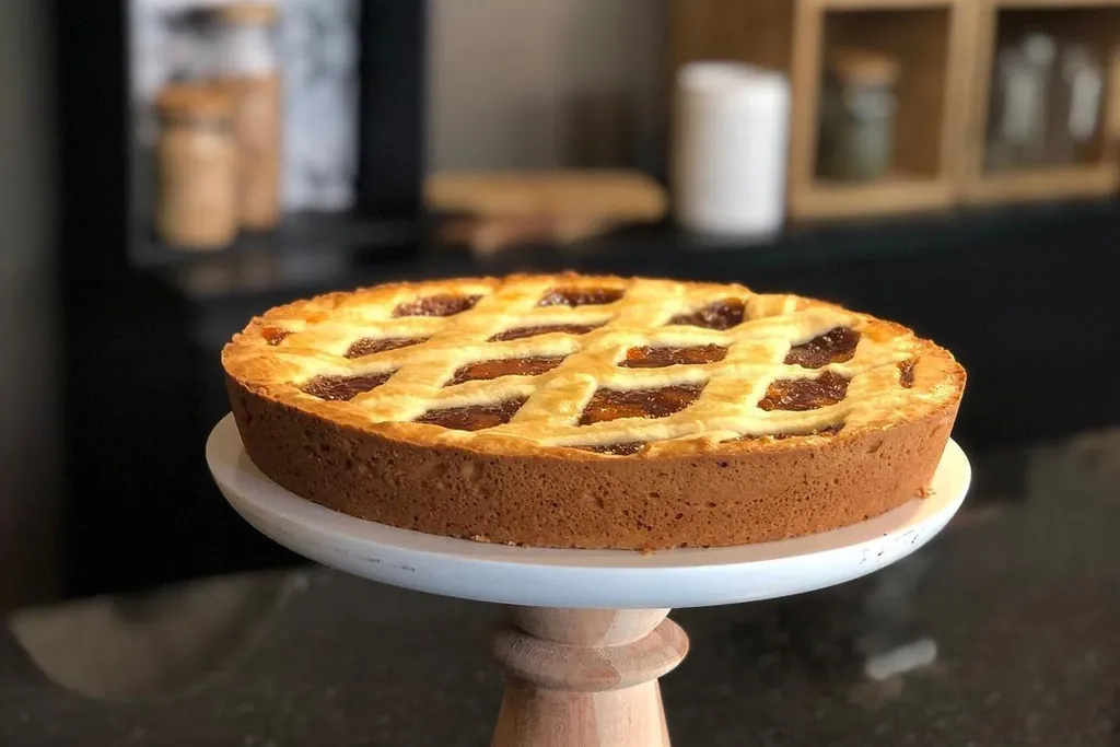 Lattice topped pie on a raised pedestal cake stand.