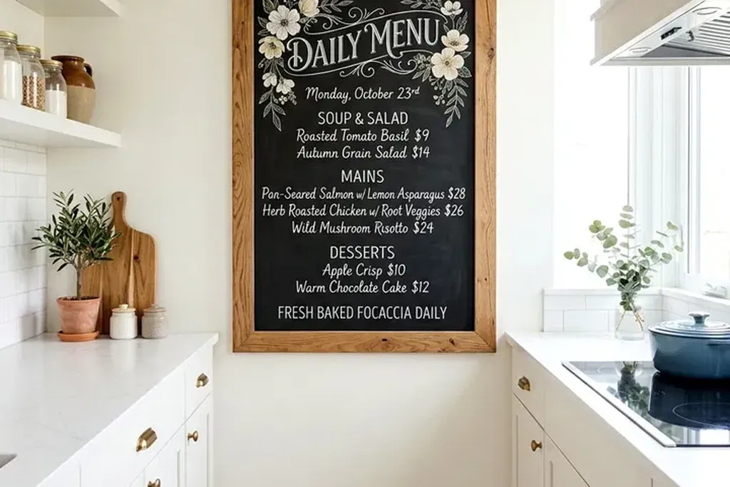Framed chalkboard menu hanging on a kitchen wall between counters.