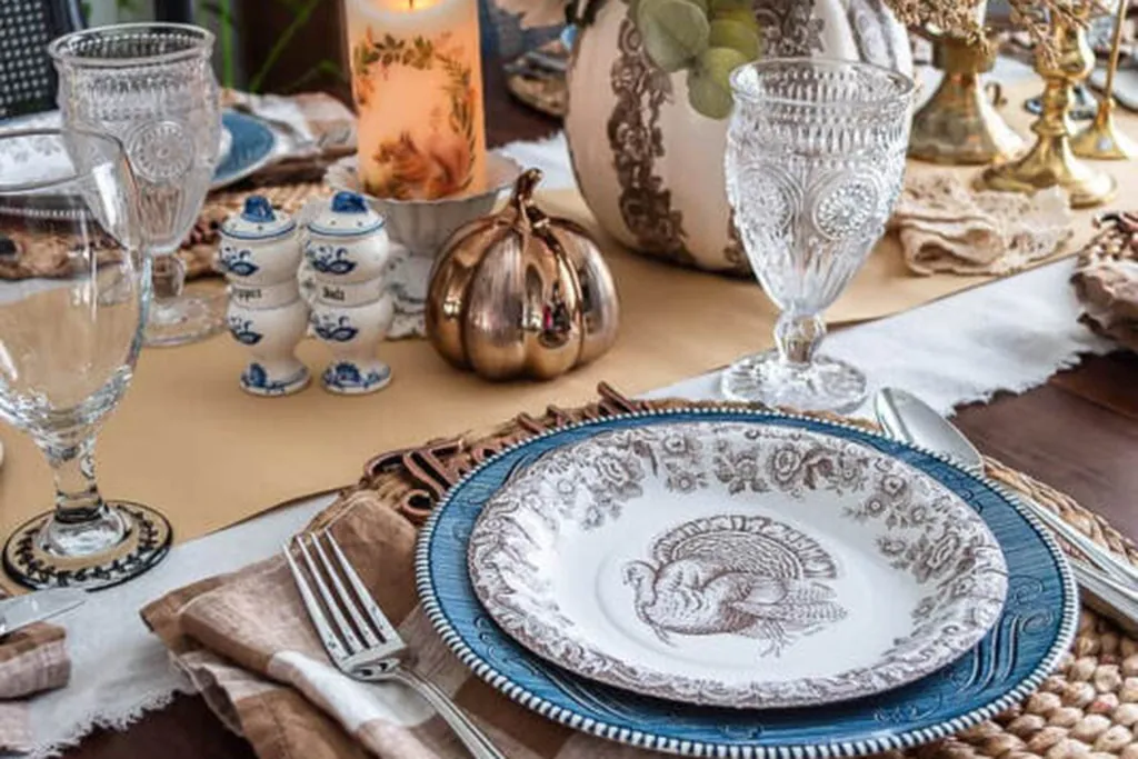 Place setting with layered plates on a woven round placemat.