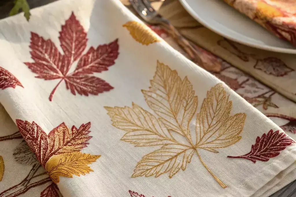 Cloth napkins with a fall leaf print folded at place settings.