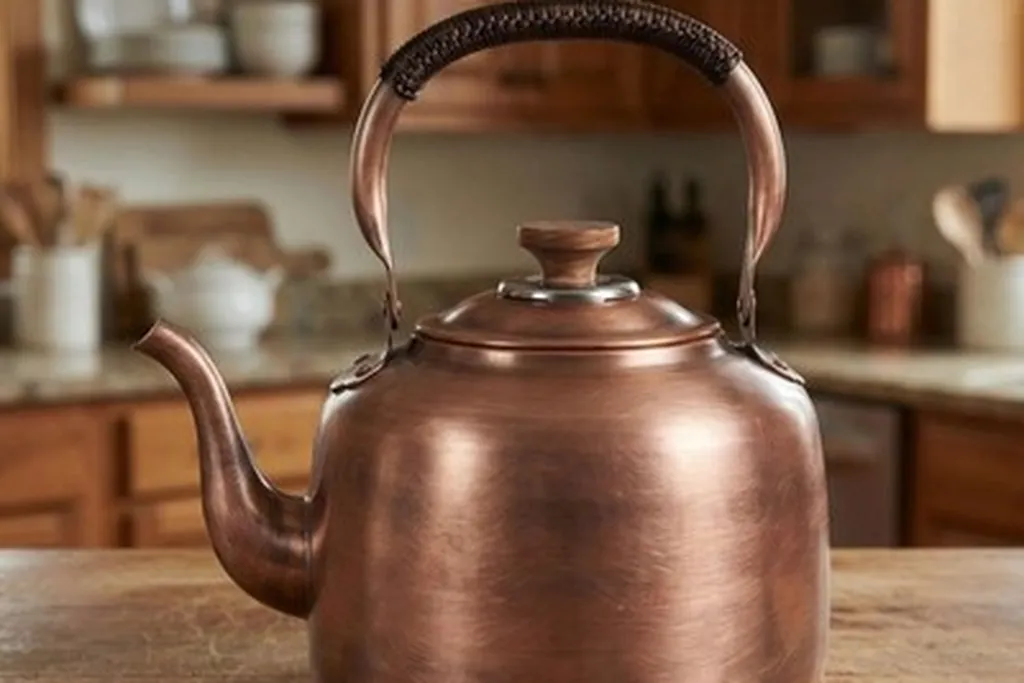 Copper kettle with a woven handle on a kitchen counter.
