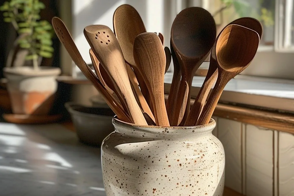 Speckled stoneware crock filled with wooden spoons on a kitchen counter.