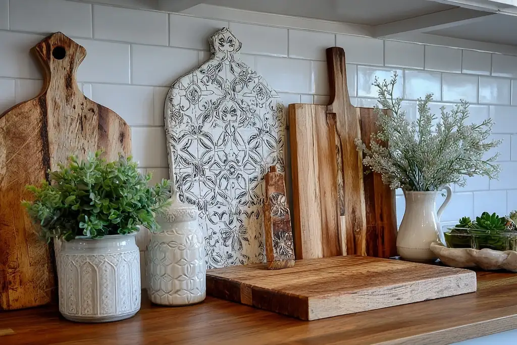 Wood cutting boards of different shapes leaning against a tiled kitchen backsplash.