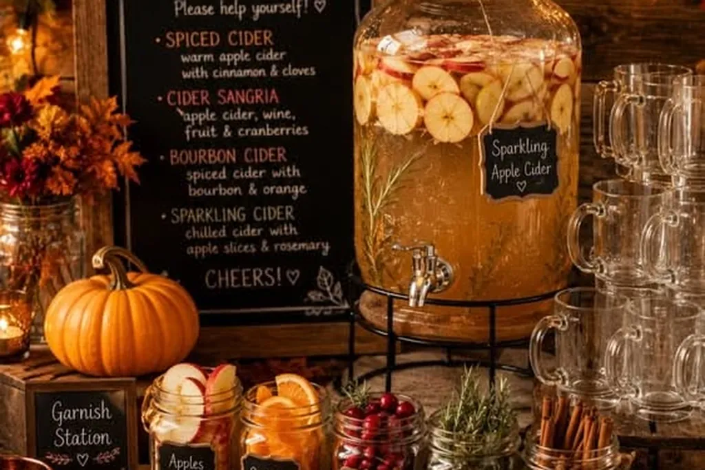Apple cider bar with a drink dispenser, mugs, jars, and small pumpkins.