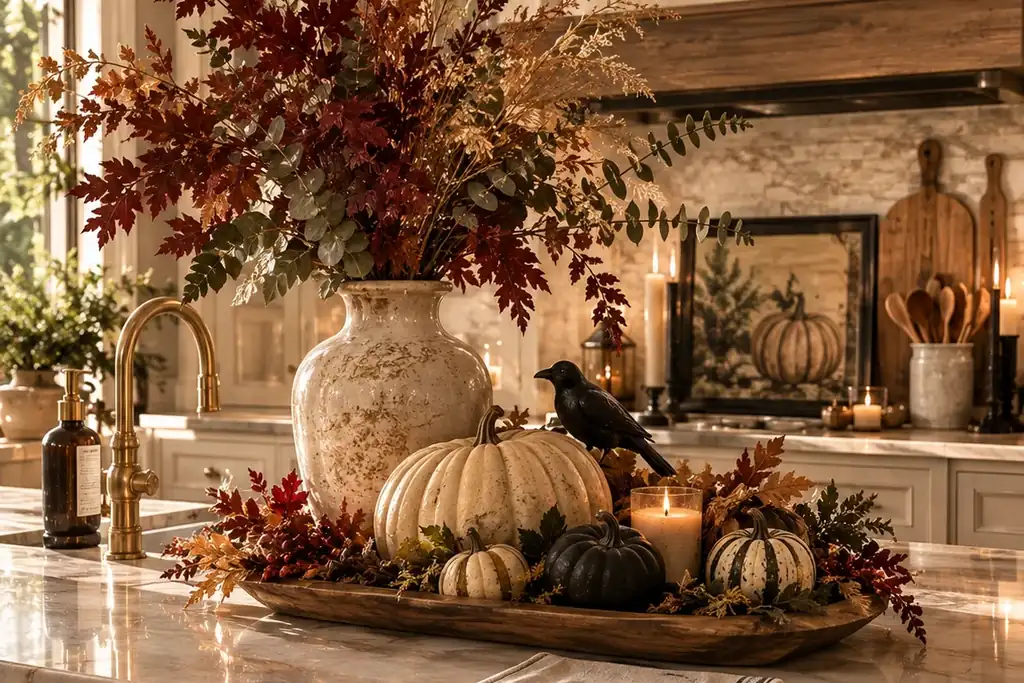 Kitchen island with a fall runner, a tray of pumpkins, and greenery.