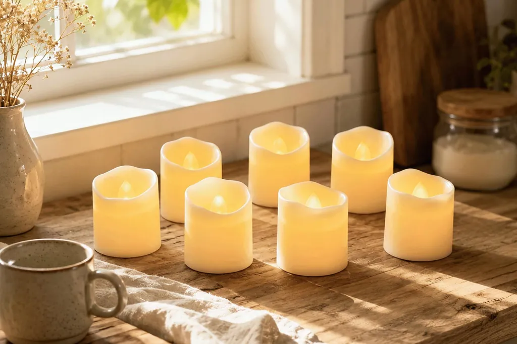 Flameless candles glowing on a wood kitchen counter by a window.