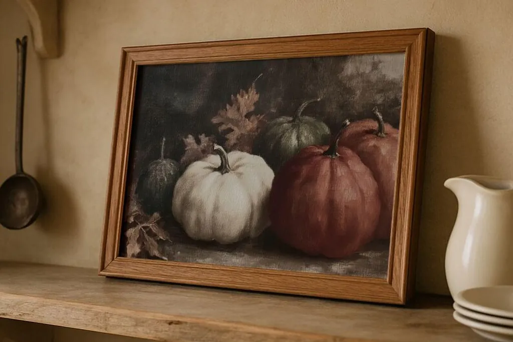 Framed painting of pumpkins propped on a kitchen shelf.