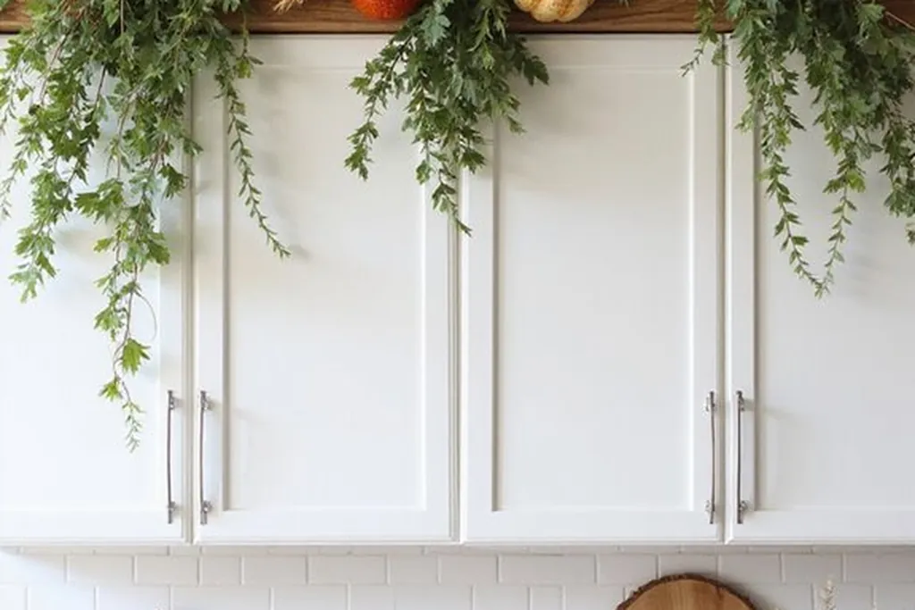 Pumpkin, wheat, and greenery garland along the top of white kitchen cabinets.
