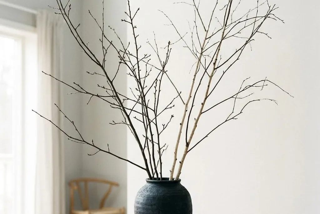 Bare branches in a dark vase on a dining table.