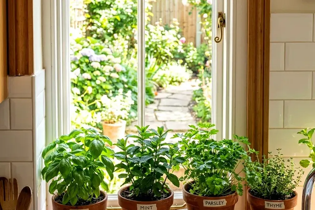 Terracotta pots of fresh herbs on a windowsill above a kitchen sink.