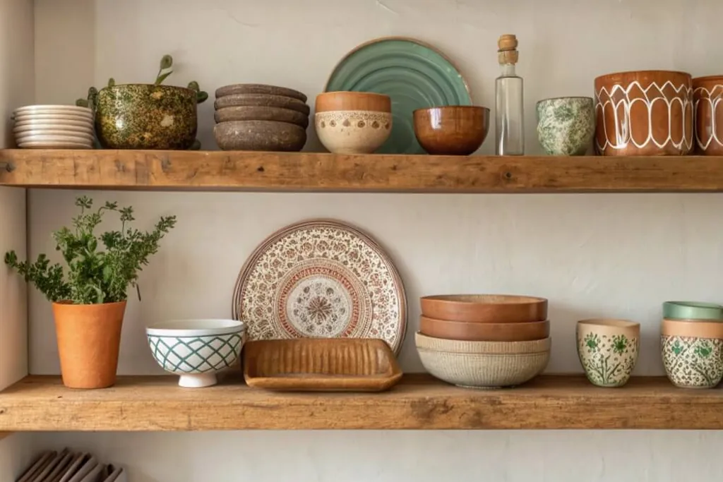 Open wood kitchen shelves styled with stoneware bowls, plates, and jugs.