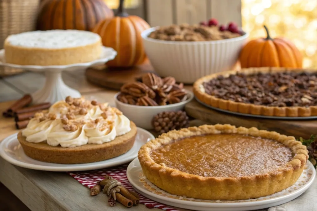 Dessert table with pies on plates and stands, bowls of nuts, and pumpkins.