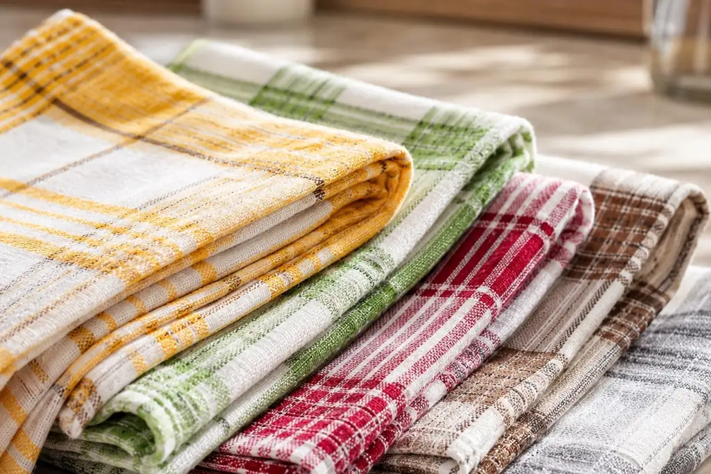 Folded plaid dish towels in warm fall tones on a counter.