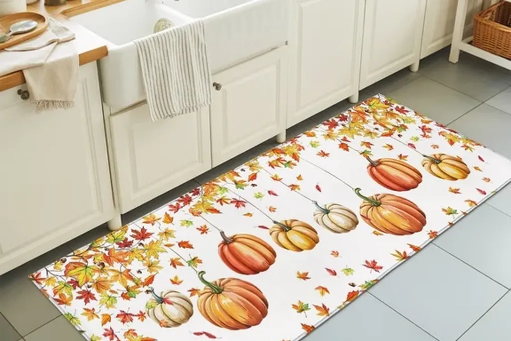 Pumpkin print runner rug in front of a white farmhouse kitchen sink.