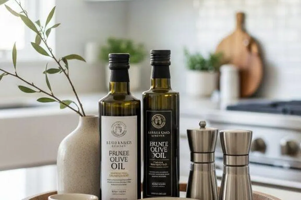 Round wood tray with olive oil bottles and small jars on a kitchen counter.