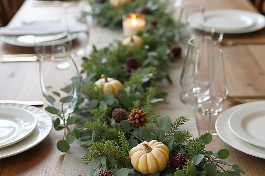 Greenery garland with small pumpkins and candles down the center of a dining table.