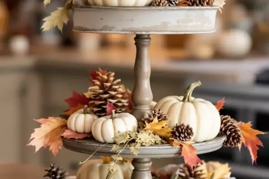 Three tier tray filled with white pumpkins, pinecones, and fall leaves.