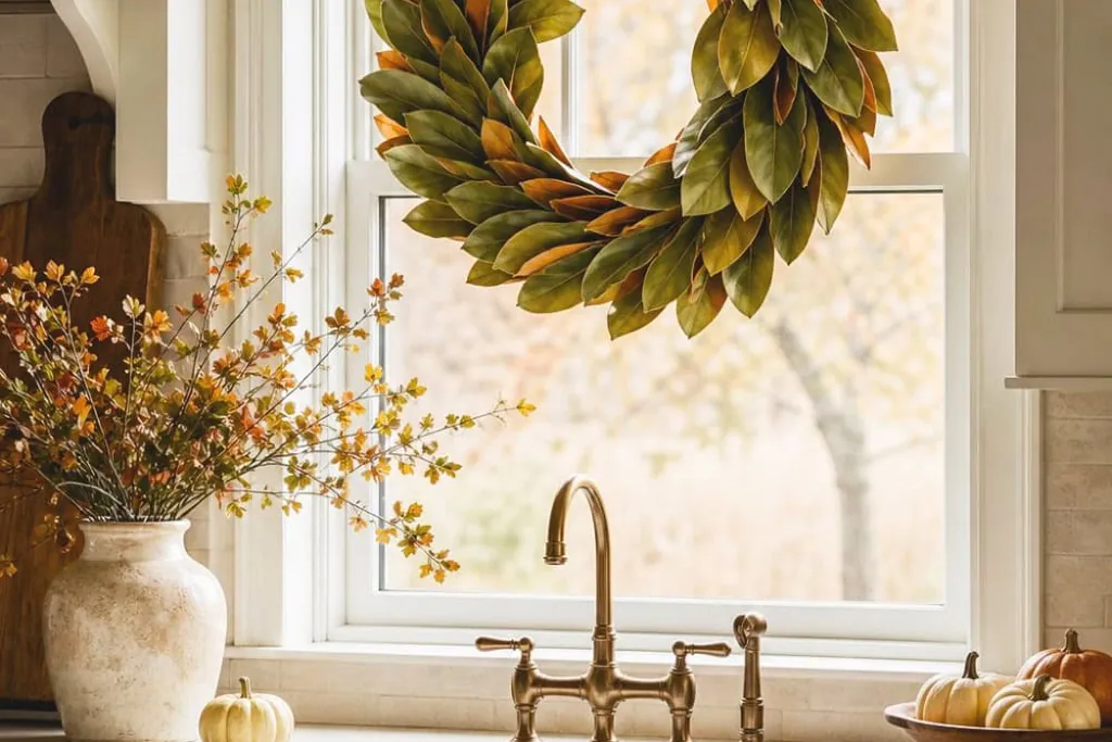 Leaf wreath hanging on the window above a farmhouse kitchen sink.