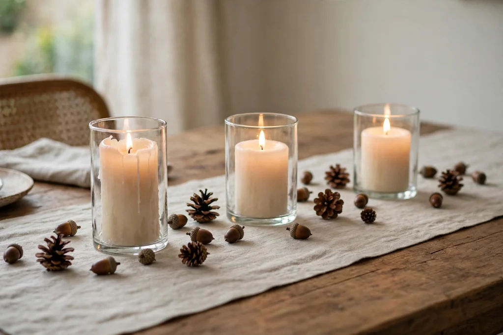 Plain runner with a light scatter of acorns and pinecones and pillar candles in glass holders on a dining table.