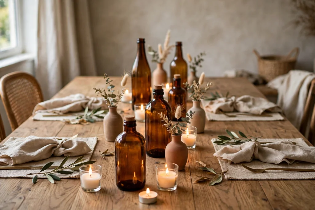 Amber glass bottles and small vases with short candles between them down the center of a dining table.