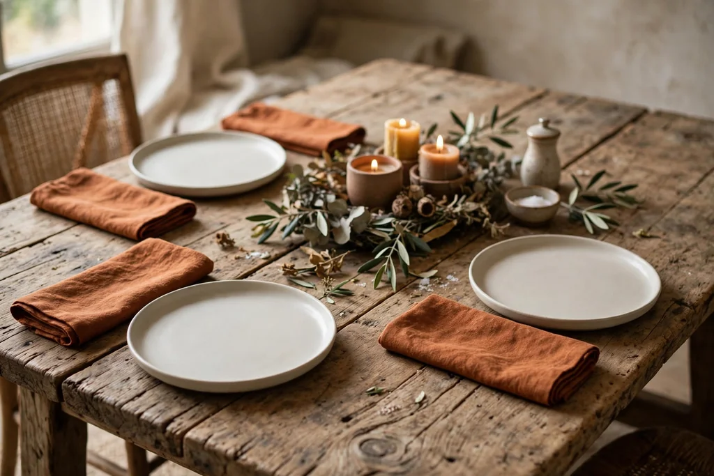 Bare rustic wood dining table with folded linen napkins in rust, plain plates, and a low candle centerpiece.