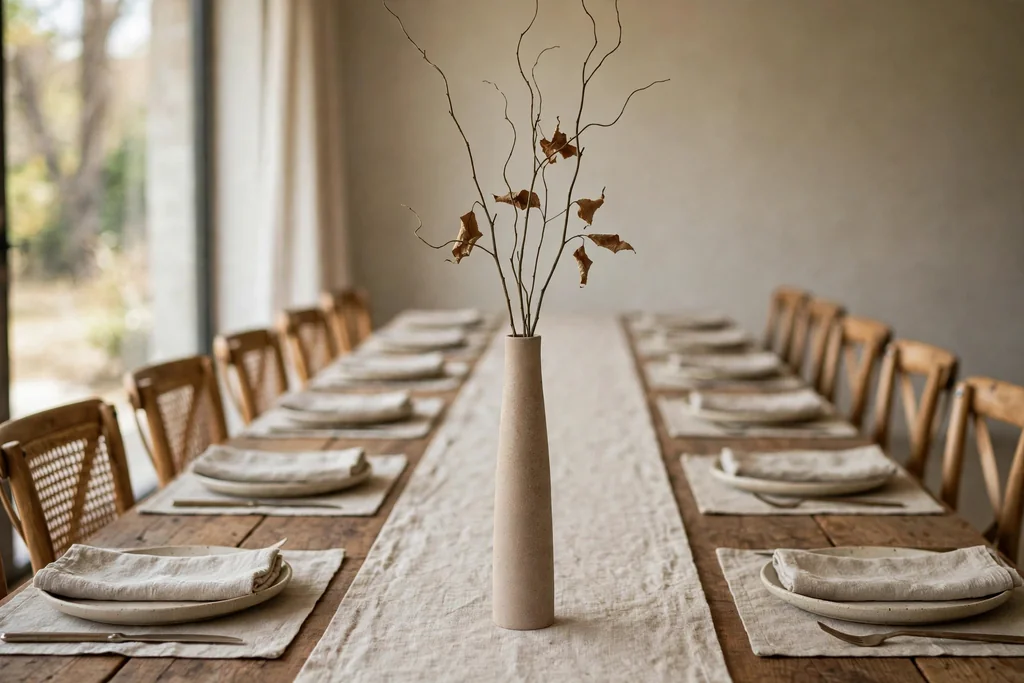 Tall narrow vase with slim bare branches and a few dried leaves in the center of a long gathering table.