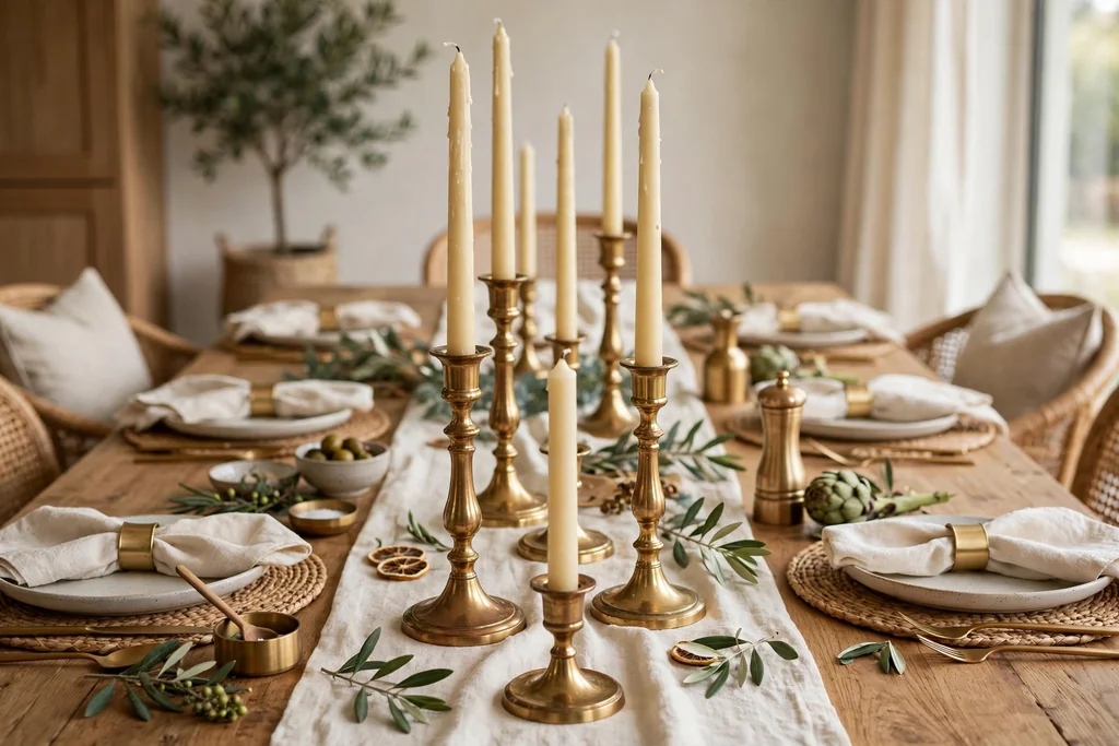 Brass candlesticks of two heights with cream taper candles down the center of a dining table.