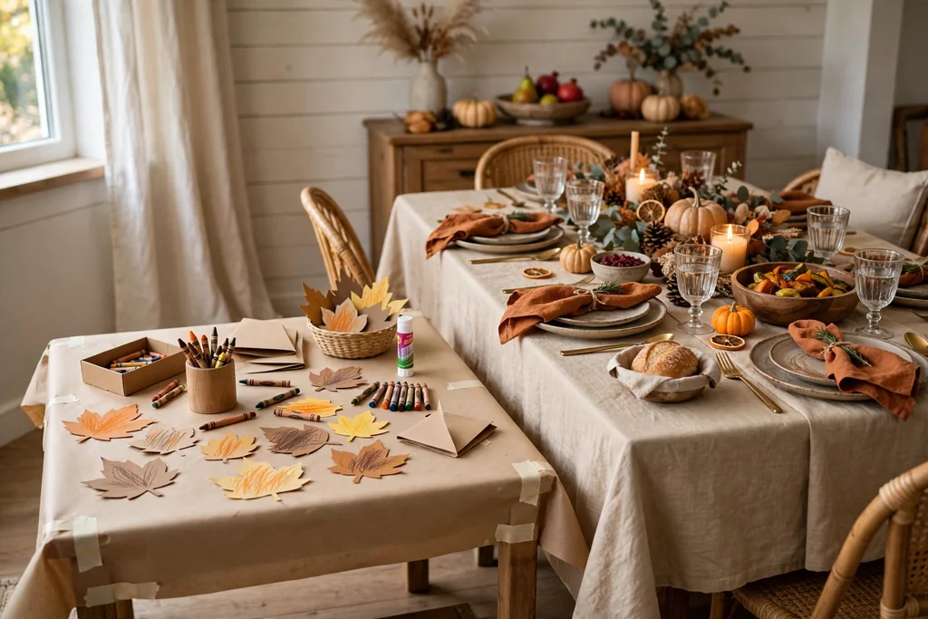 Small table covered with plain paper, paper leaves, and crayons set for children beside a Thanksgiving dining table.