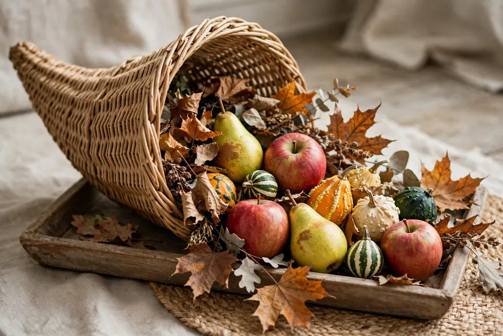 Woven cornucopia on its side on a low tray with apples, pears, small gourds, and dried leaves spilling from its opening.