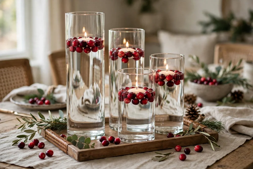 Tall glass cylinders filled partway with water, cranberries, and floating candles on a tray on a dining table.