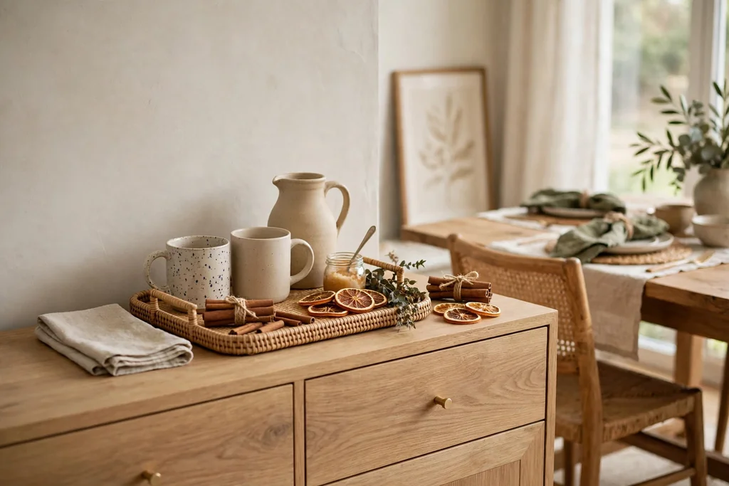 Small drink station tray on a sideboard with mugs, a jug, cinnamon sticks, and dried orange slices near a dining table.