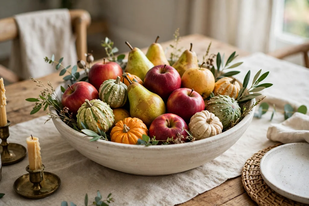 Wide shallow bowl filled with apples, pears, and small gourds as a centerpiece on a dining table.
