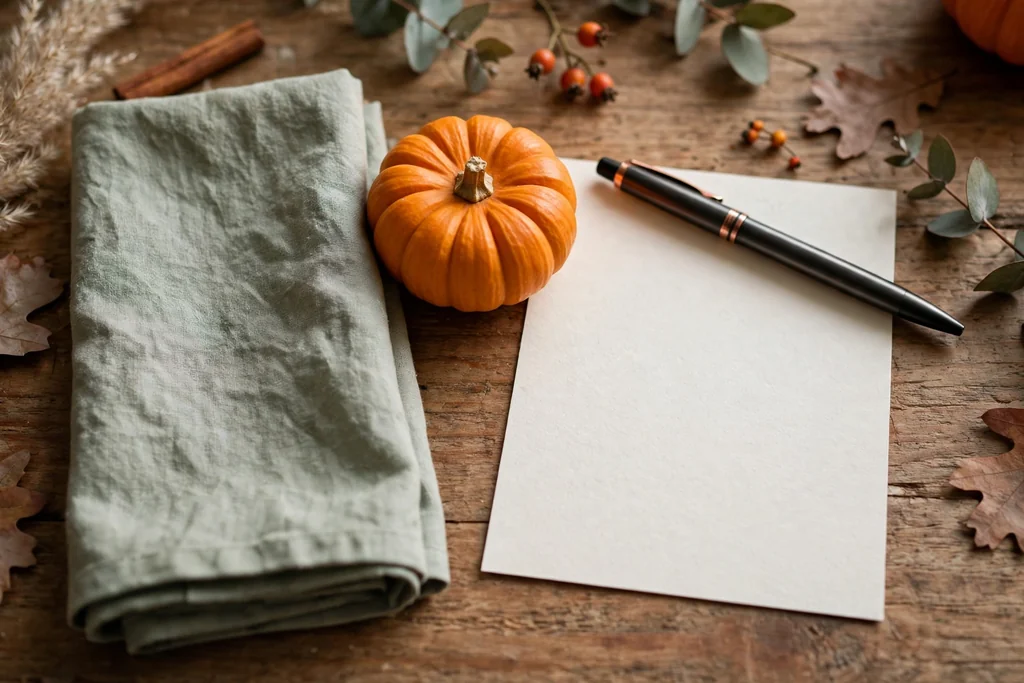 Small blank card and pen at a Thanksgiving place setting beside a folded napkin and a mini pumpkin.