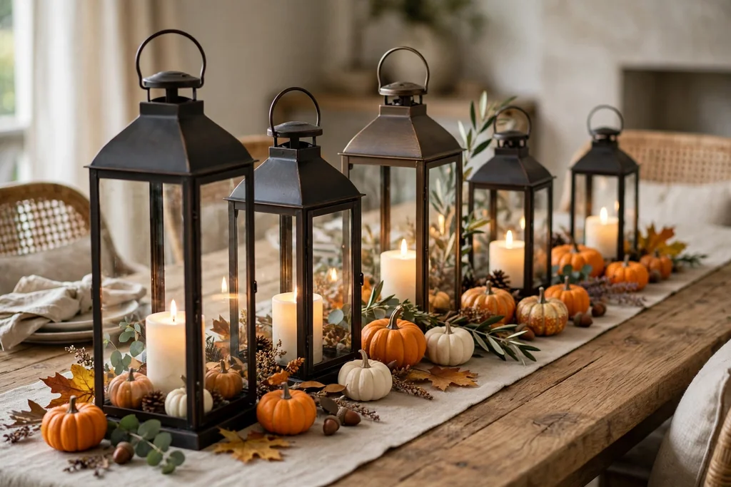 Row of metal and glass lanterns of different heights with battery candles and small pumpkins down the center of a dining table.