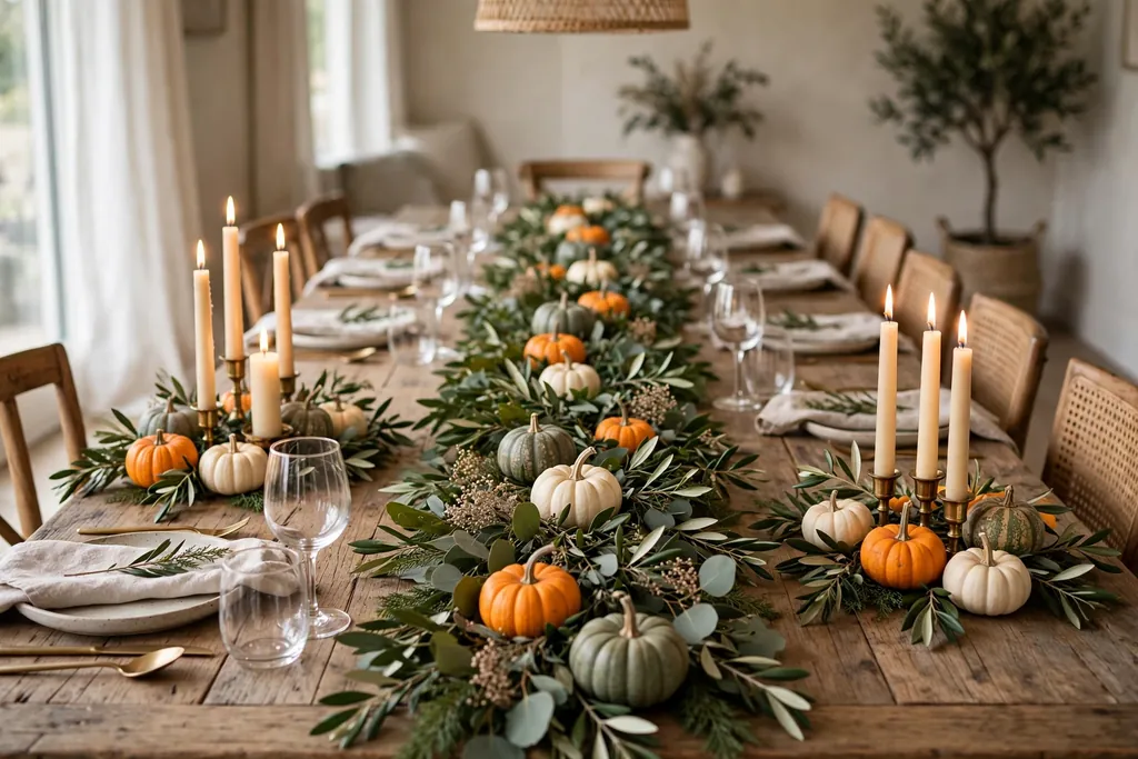 Leaf garland down the center of a long dining table with mini pumpkins and candles at each end.