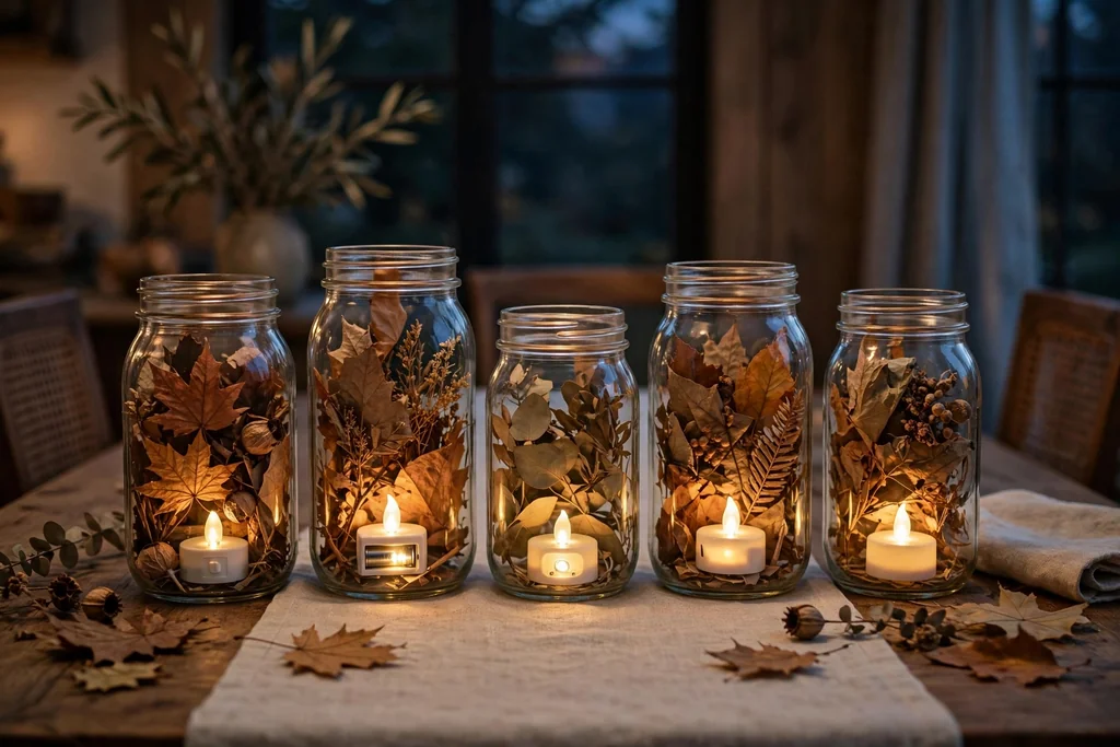 Mason jars with battery candles and dried leaves inside, set down the center of a dining table in the evening.