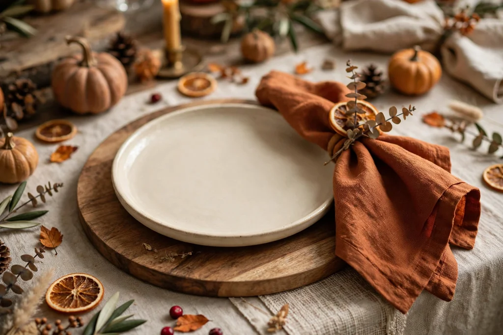 Place setting mixing a wood charger, cream ceramic plate, and rust napkin on a Thanksgiving dining table.