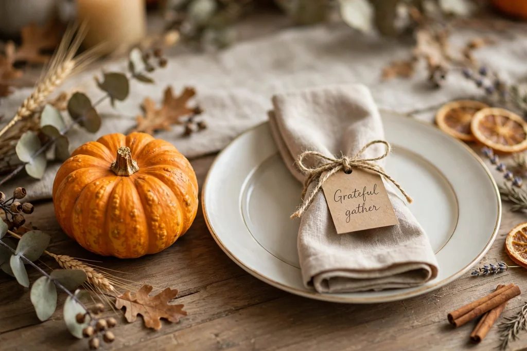 Mini pumpkin beside a plate with a small handwritten place card tied with twine on a Thanksgiving table.
