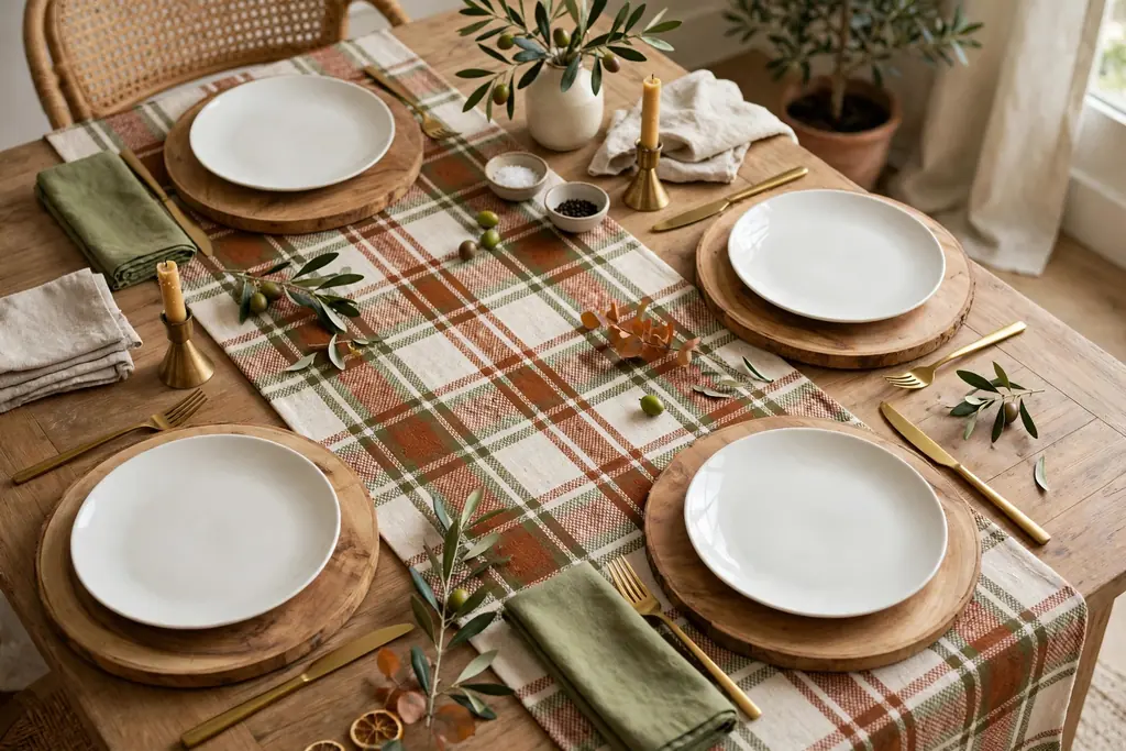 Plaid runner in rust, cream, and olive on a dining table with round wood chargers under white plates.