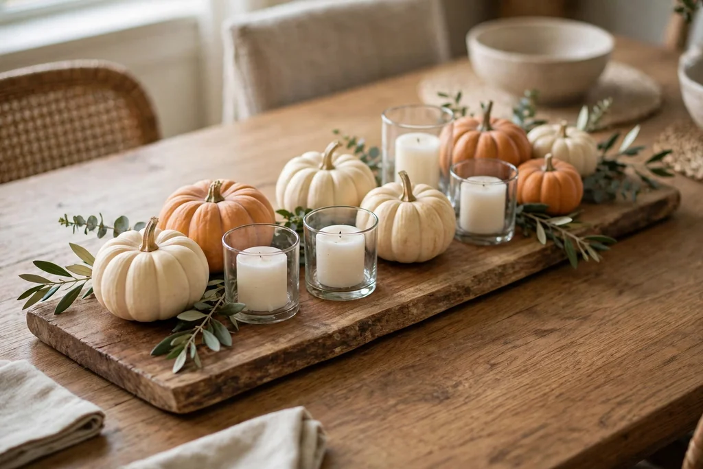 Wood board centerpiece with small pumpkins in cream and muted orange and short pillar candles in glass holders on a dining table.
