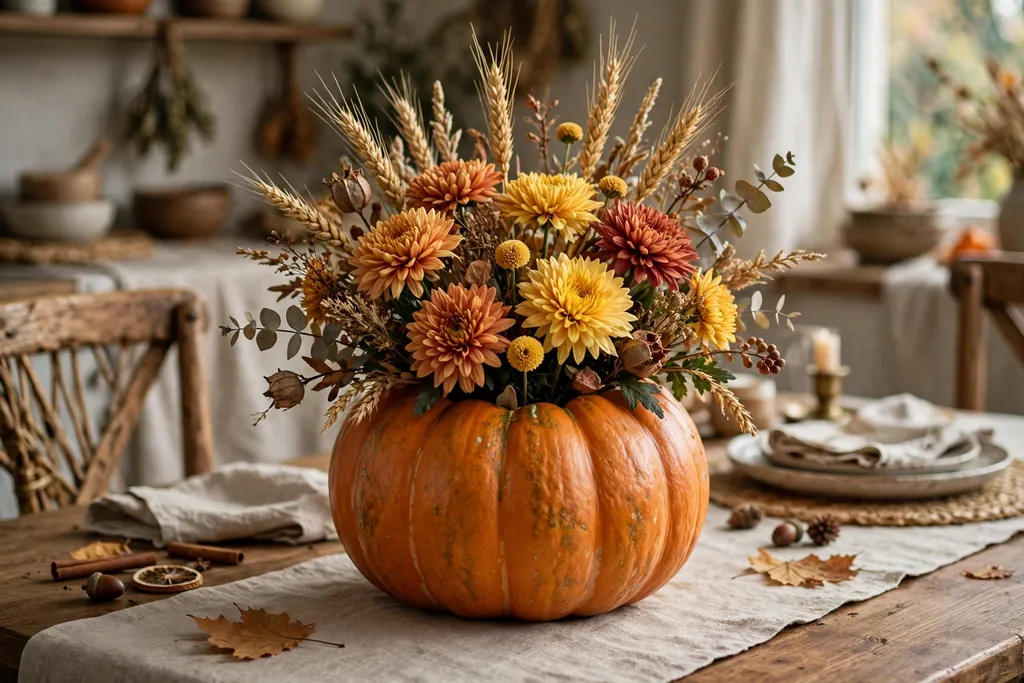 Medium pumpkin used as a vase filled with fall chrysanthemums and dried wheat stems on a dining table.
