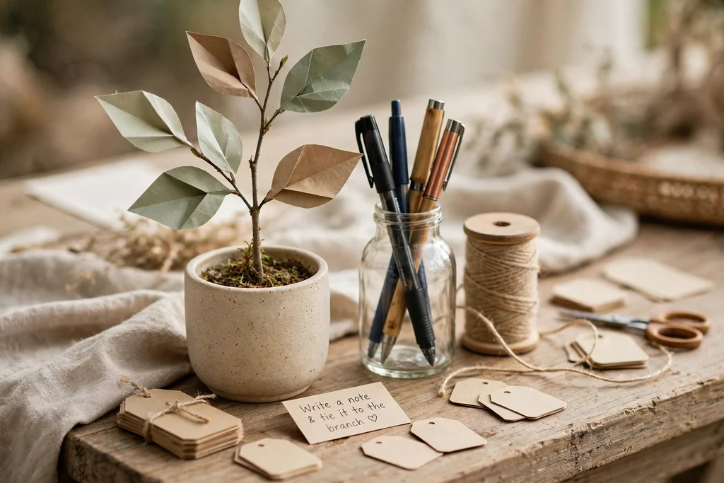 Small potted branch in a vase with paper leaves, pens, and twine on a table end for guests to add notes.