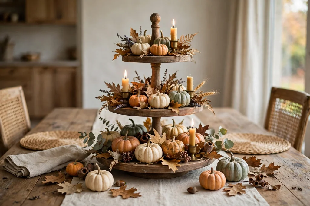 Tiered stand at the end of a dining table holding small pumpkins, candles, and dried leaves.
